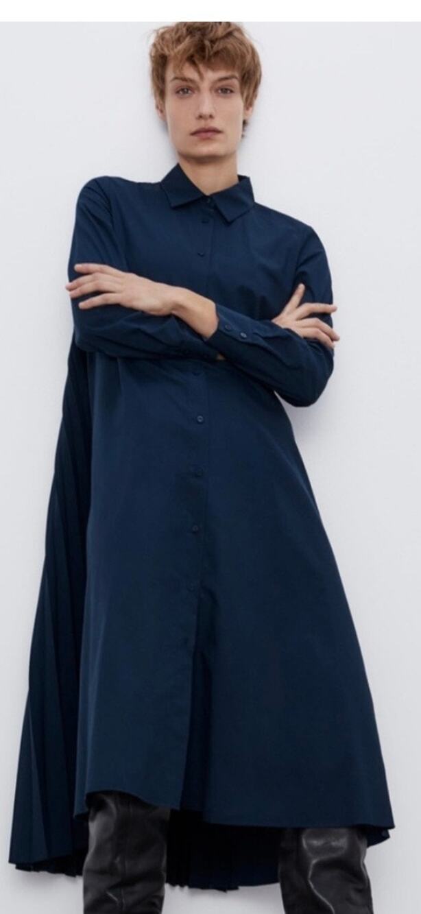 ZARA Pleated Midi Shirt Dress Navy Blue Cotton Blend Size S Preppy Classic